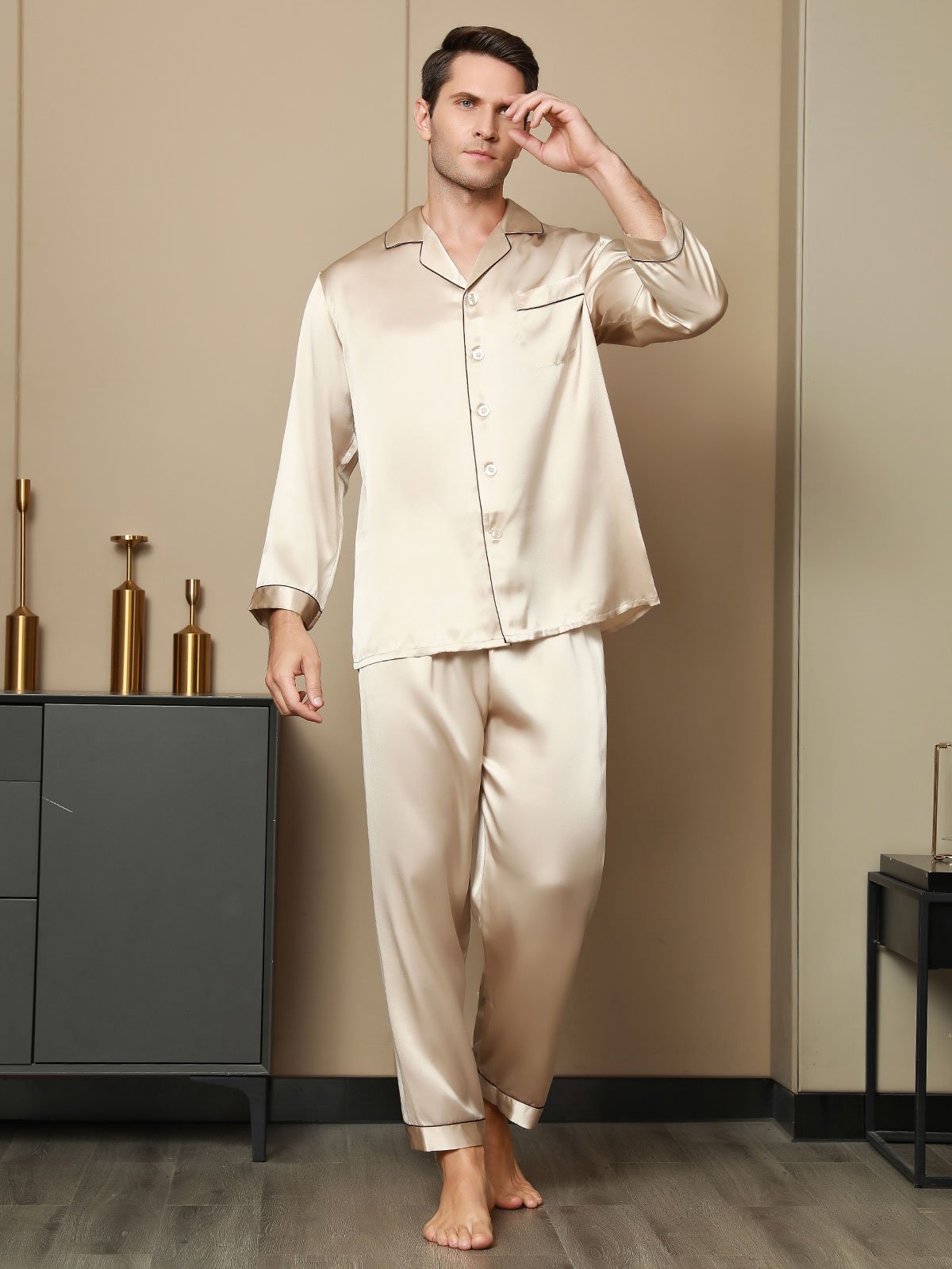 SilkSilky US Pure Silk Long Sleeve Lapel Men's Pajamas Tan 005