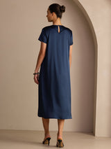 [Dark Blue] SilkSilky Short Sleeve Round Neck Dress 002