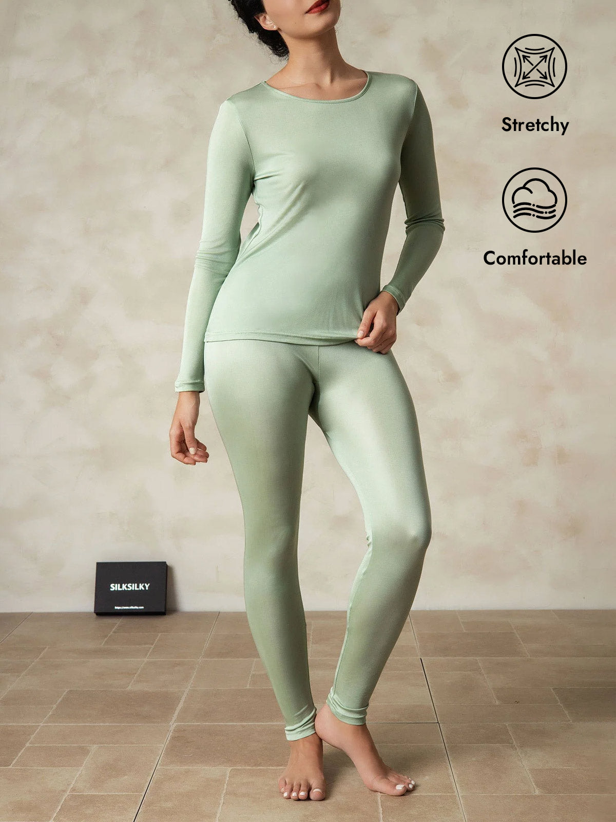 [Green] SilkSilky  Silk Long Sleeve Round Neck Long Johns 001