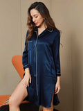 SilkSilky US Pure Silk 3/4 Sleeve Lapel Nightshirt DarkBlue 008