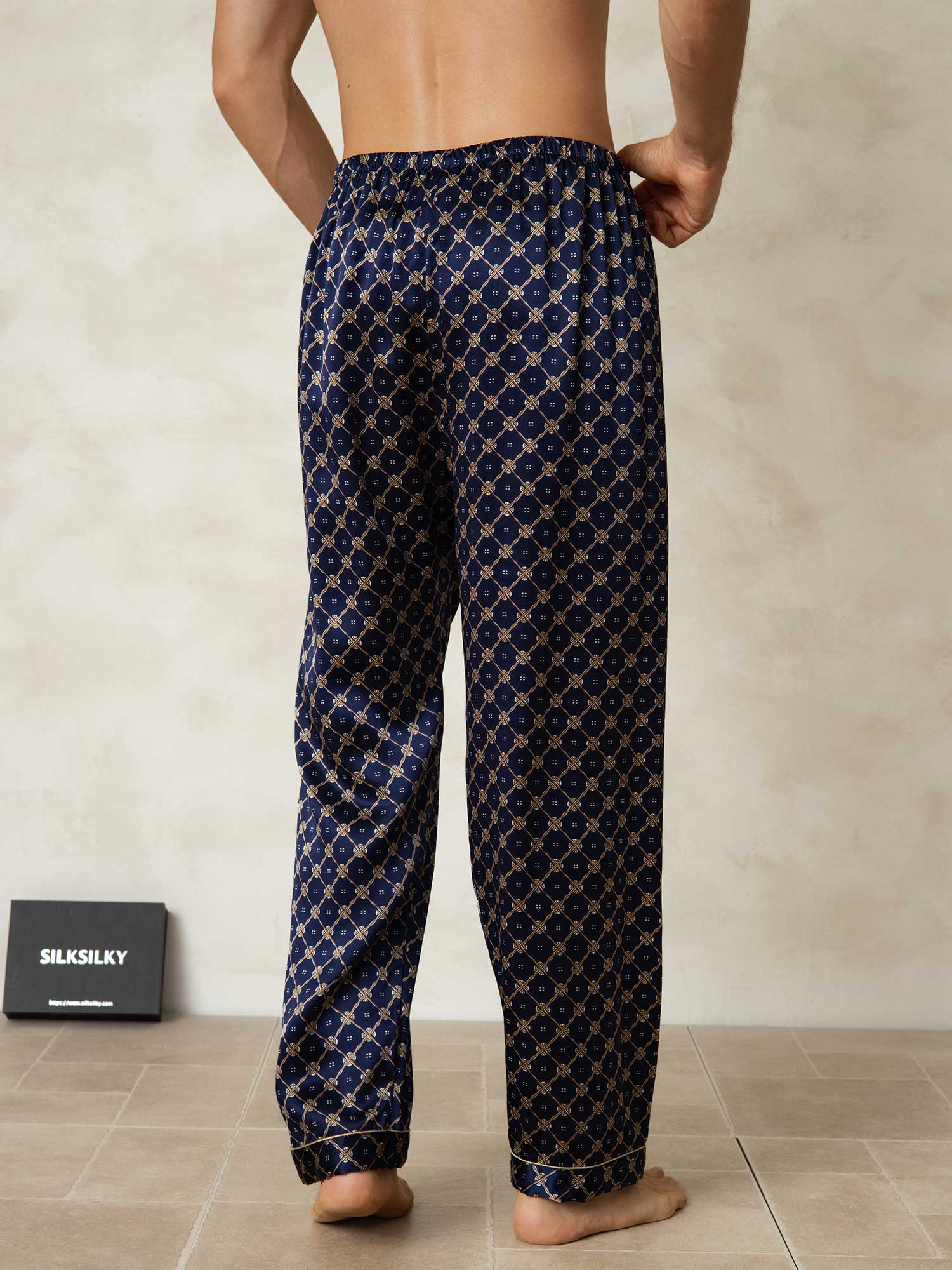 [Navy Chain] SilkSilky  Pure Silk Mens Sleep Bottoms 002