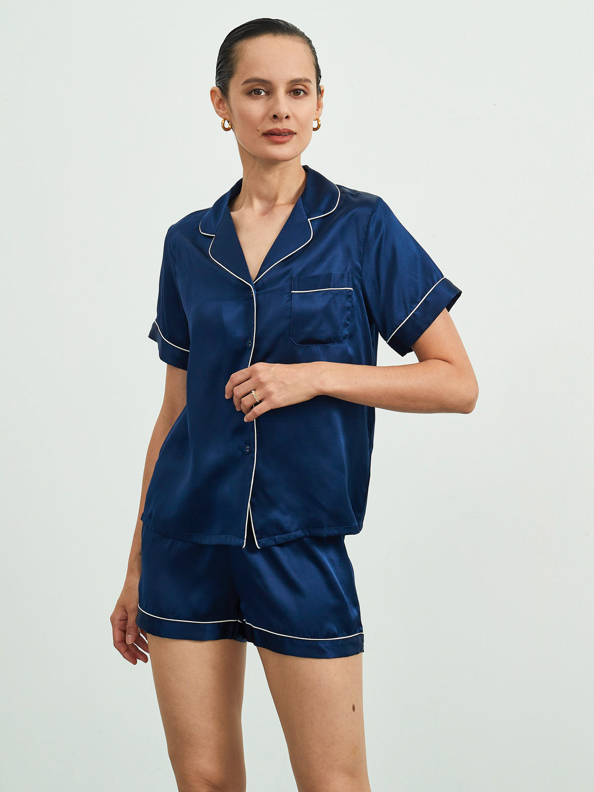 SilkSilky  Pure Silk Short Sleeve Lapel Women's Pajamas DarkBlue 001