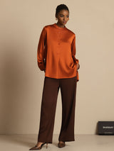 [Caramel] SilkSilky  19Momme Stretch Silk Charmeuse Long Sleeve Stand Collar Blouse 006