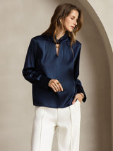 [Dark Blue] SilkSilky  19Momme Silk Keyhole Neck Women's Shirt 006