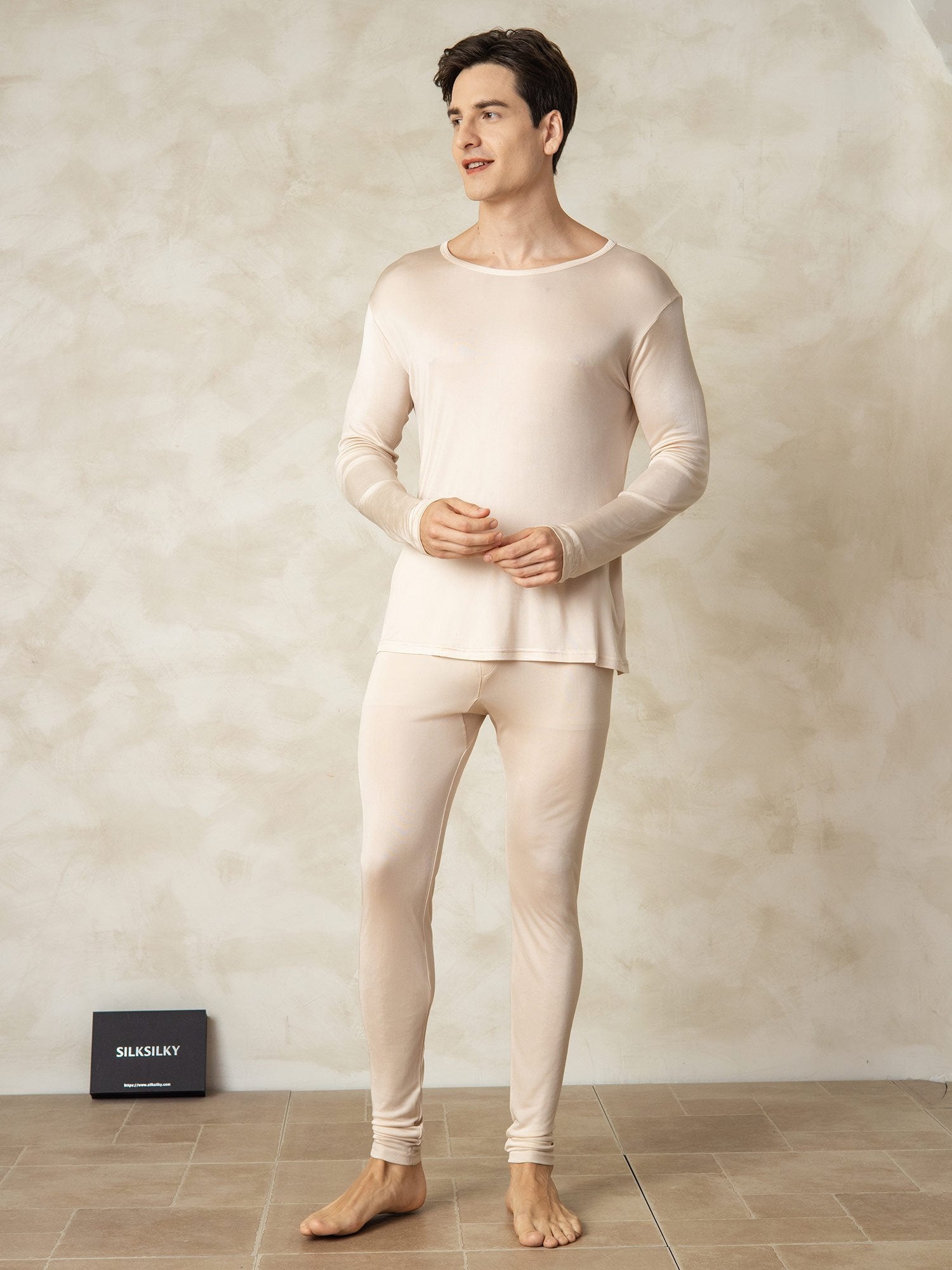 [Tan] SilkSilky Silk Round Neck Men's Pajamas 001