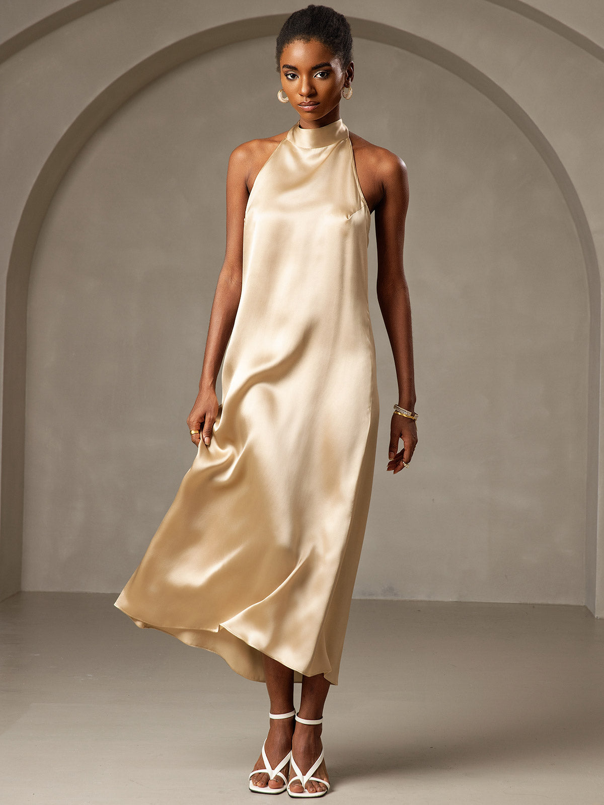 SilkSilky US 19Momme Silk Blend Sleeveless Dress Champagne 006