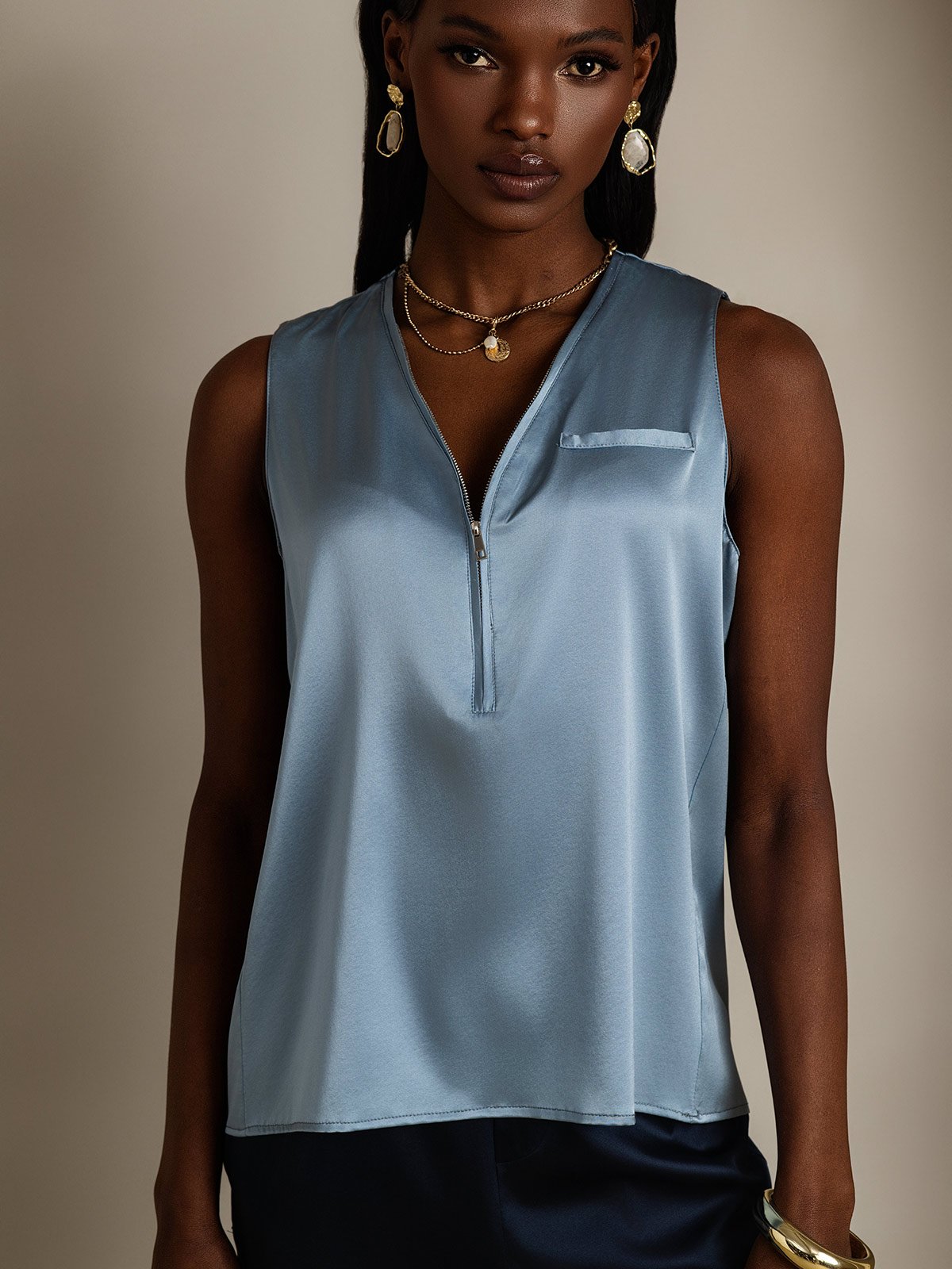 SilkSilky 19Momme Silk Sleeveless V Neck Women's Shirt GrayishBlue 001