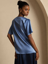 [Real Teal] SilkSilky  Short Sleeve Cowl Neck Women's Blouse 002