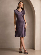 [Purple Gray] SilkSilky  Cap Sleeve V Neck Nightgown 006