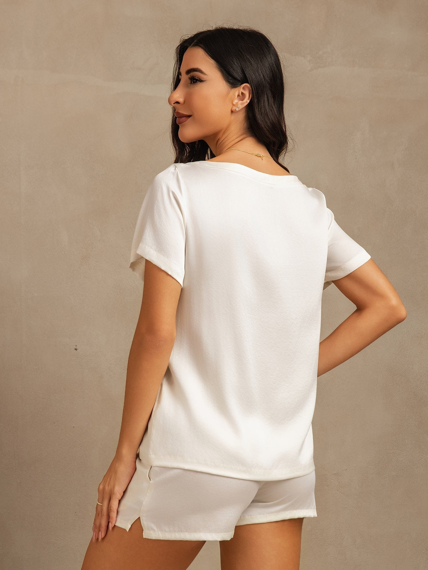 [White] SilkSilky 19Momme Silk Round Neck Women's Pajamas 002