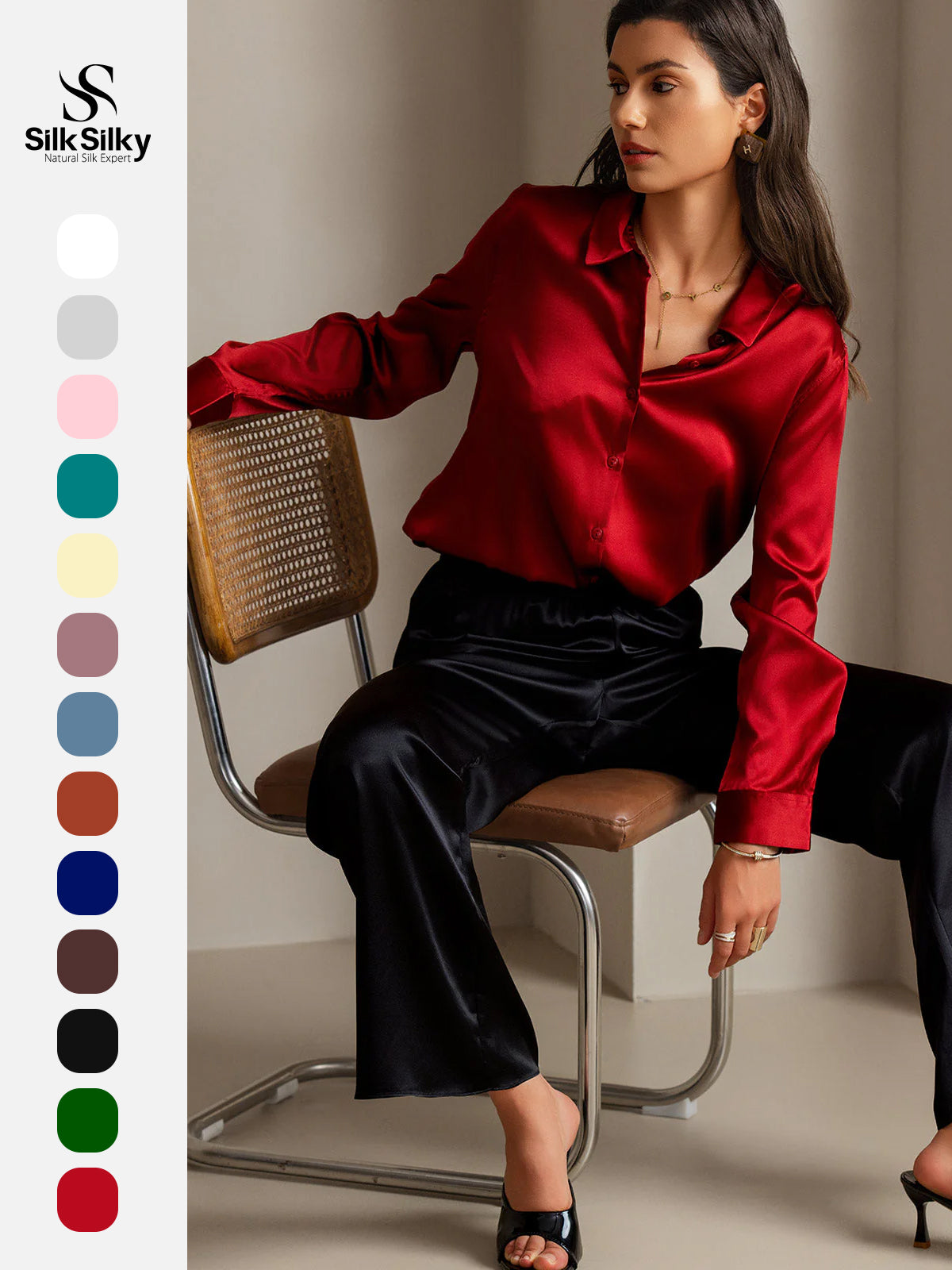 [Red] SilkSilky  Silk Long Sleeve Lapel Collar Women's Shirt 001
