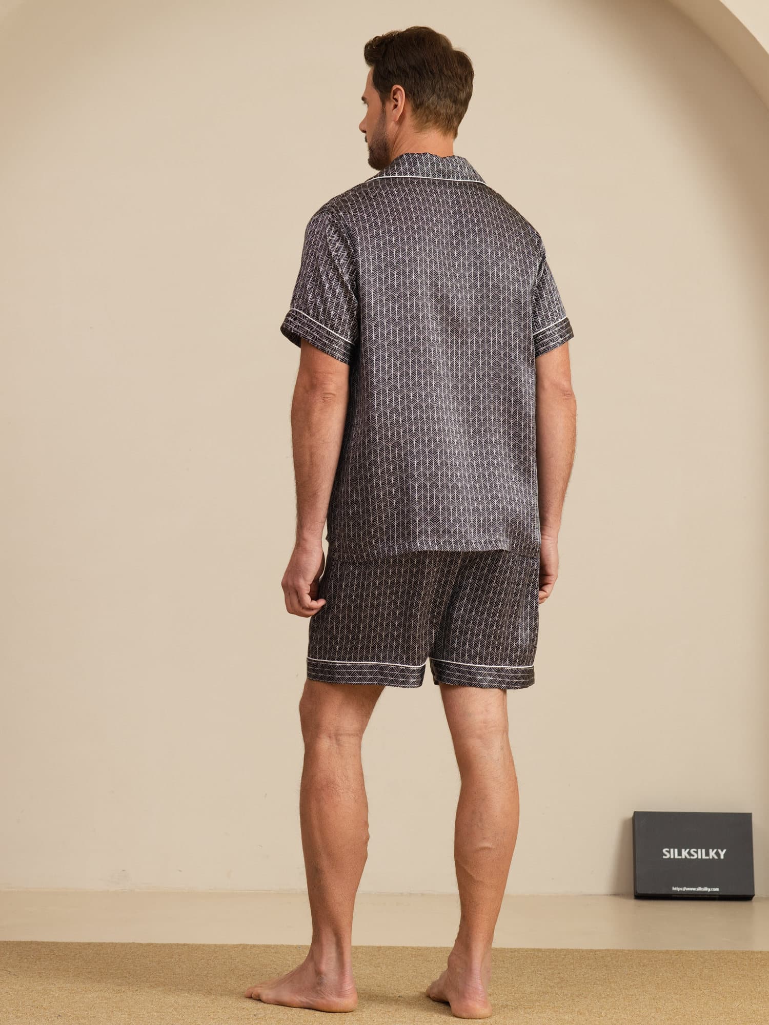 [Black Ginkgo] SilkSilky  Short Sleeve Notch Collar Men's Pajamas 002