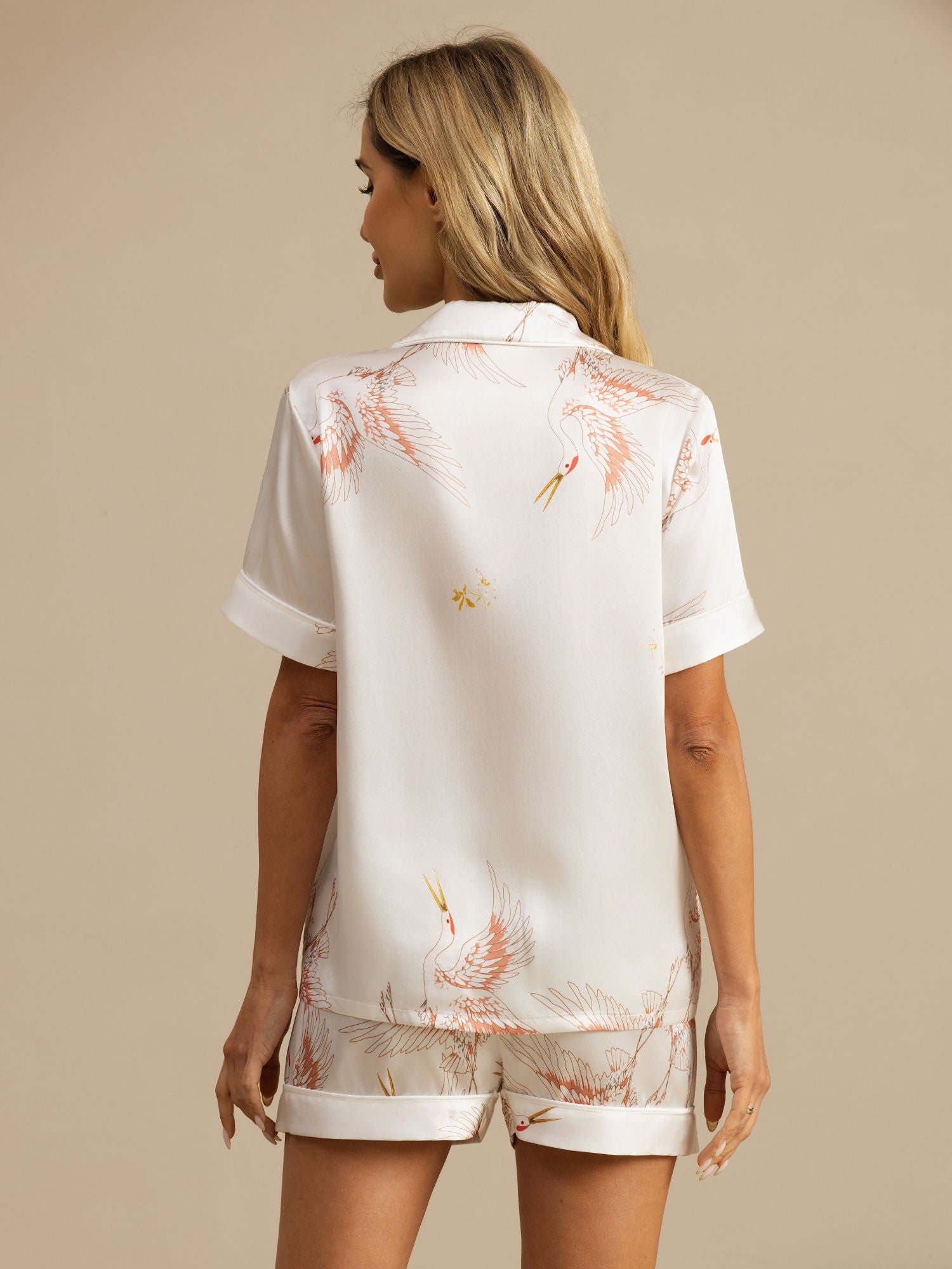 [White] SilkSilky  19Momme Short Sleeve Notch Collar Women's Pajamas 002