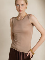 [Coffee] SilkSilky  100% Silk Jersey Sleeveless Round Neck Women's T-Shirt 003
