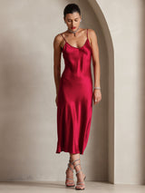 [Wine] SilkSilky  Pure Silk Spaghetti Strap V Neck Dress 005