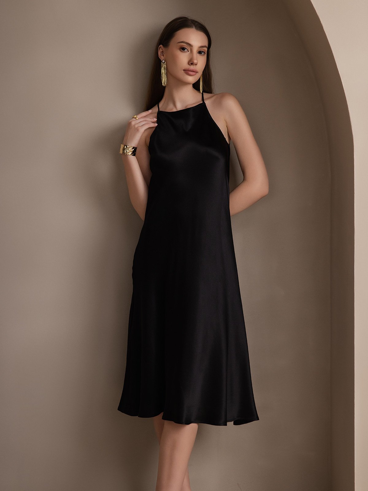 [Black] SilkSilky 19Momme Silk Sleeveless Dress 006