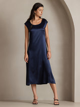 [Dark Blue] SilkSilky  19Momme Stretch Silk Charmeuse Cap Sleeve Scoop Neck Dress 005
