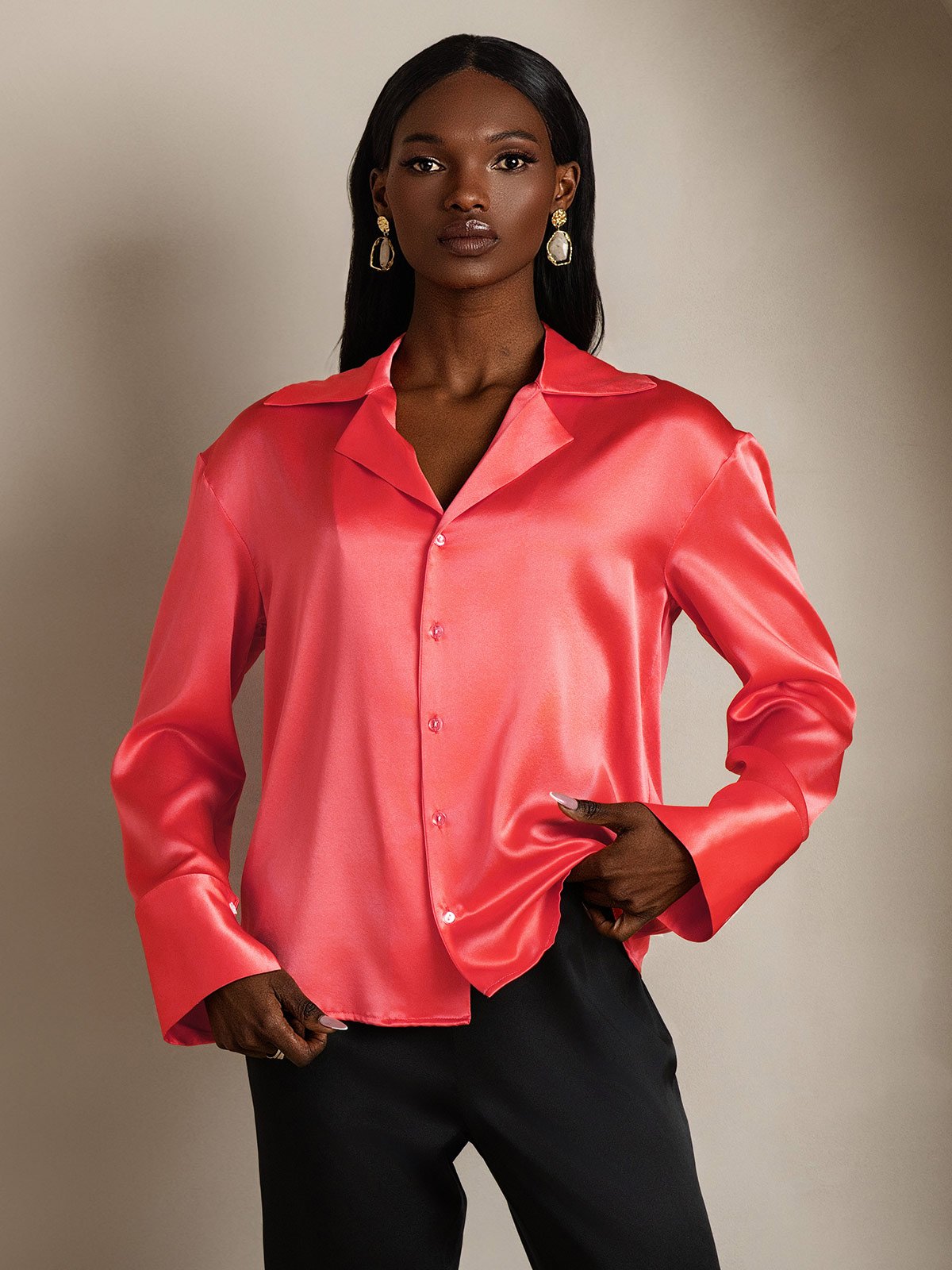SilkSilky 19Momme Silk Long Sleeve Lapel Women's Shirt ImperialRed 003