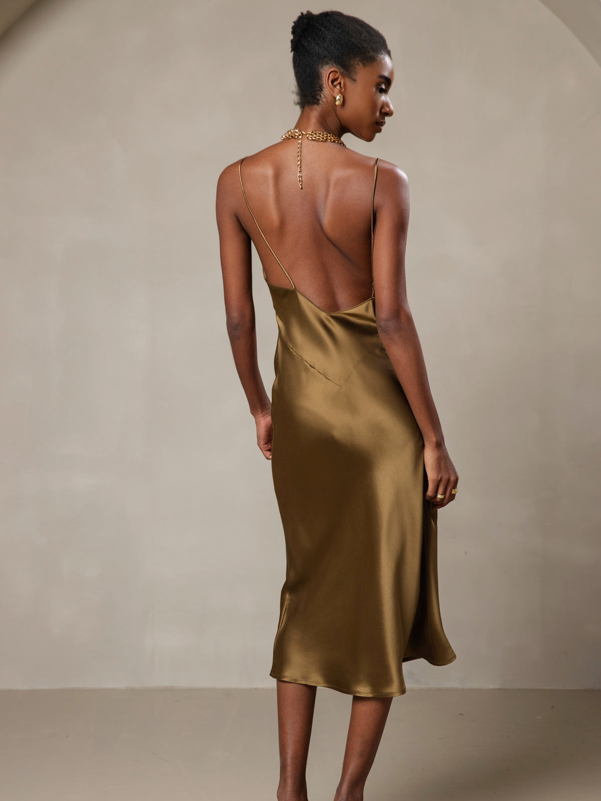 [Brown] SilkSilky  19Momme Pure Silk V Neck Dress 002