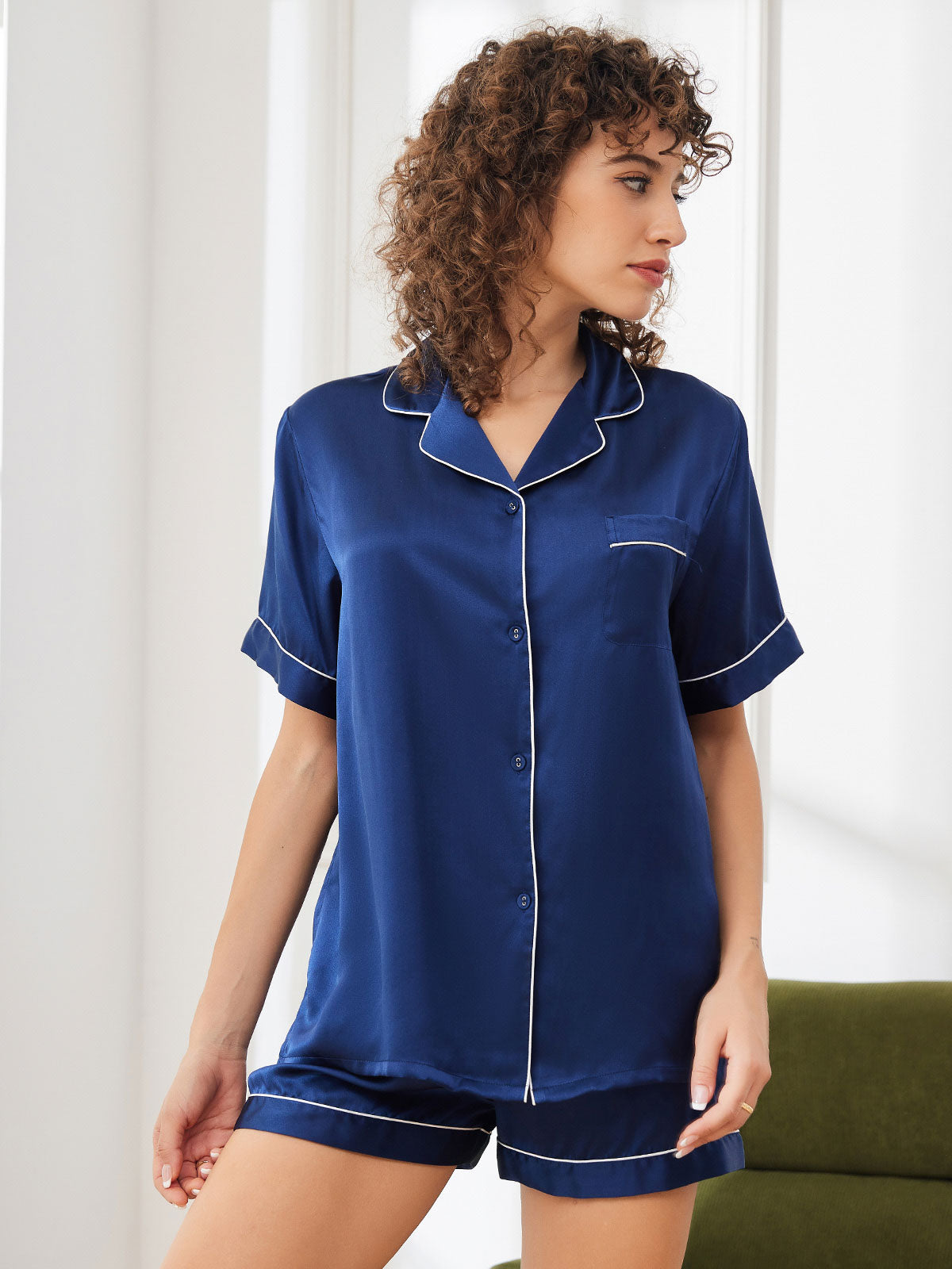 SilkSilky  Pure Silk Short Sleeve Lapel Women's Pajamas DarkBlue 004