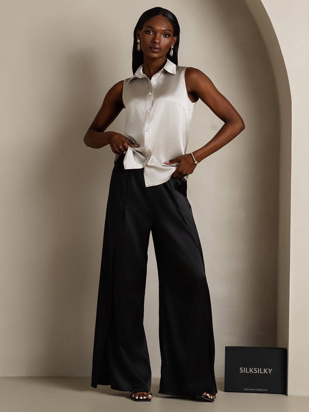 SilkSilky 19Momme Silk Sleeveless Collar Women's Shirt LightGray 005