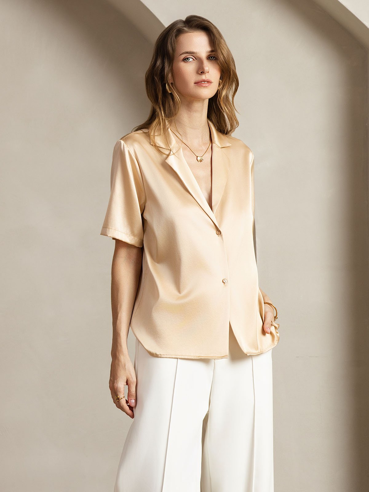 [Champagne] SilkSilky 19Momme Silk Notched Neck Women's Shirt 006