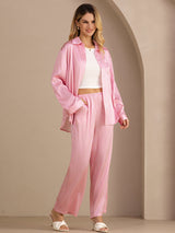 [Pink Pinstripe] SilkSilky Long Sleeve Lapel Collar Women's Outfit Sets 003