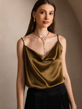 [Brown] SilkSilky  19Momme Stretch Silk Charmeuse Spaghetti Strap Cowl Neck Camisole Top 003