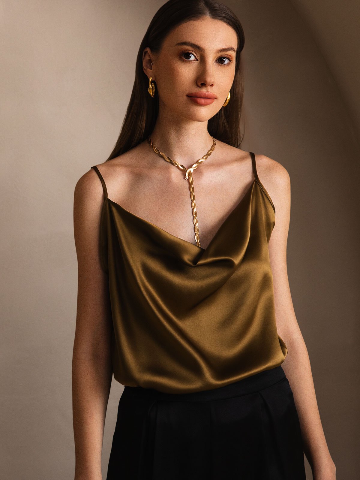 [Brown] SilkSilky  19Momme Silk Cowl Neck Camisole Top 003