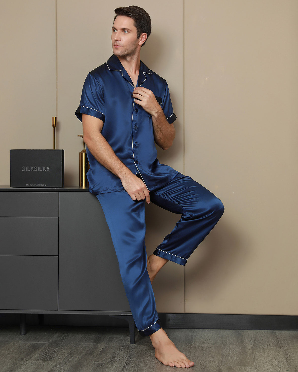 SilkSilky  Pure Silk Short Sleeve Lapel Men's Pajamas DarkBlue 003