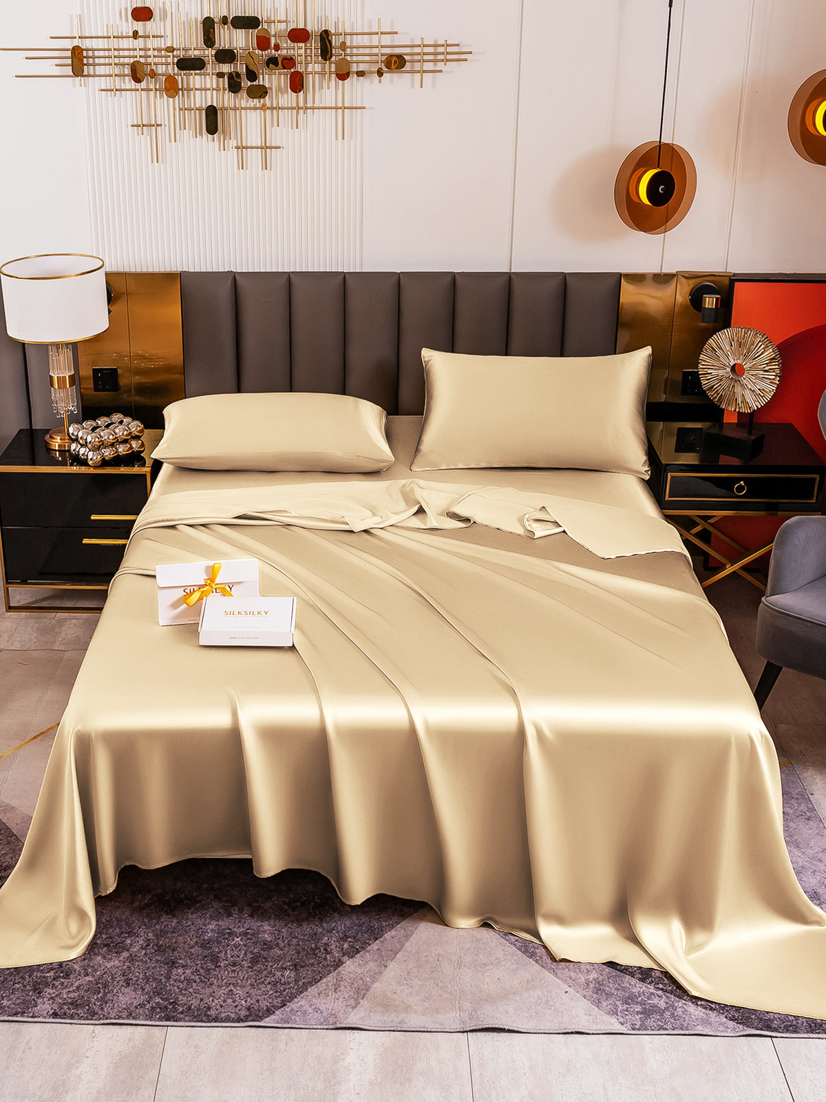 [Beige] SilkSilky  19Momme Pure Silk Bedding Set 005