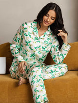 [Green Floral] SilkSilky  Pure Silk Notch Collar Women's Pajamas 006,