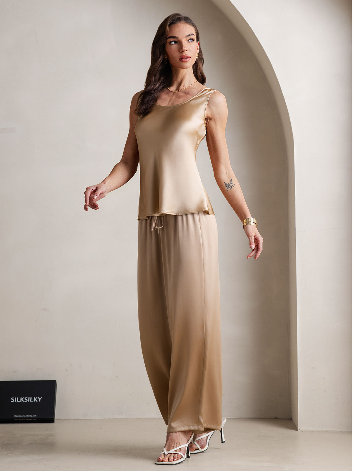 [Champagne] SilkSilky  Pure Silk Boat Neck Camisole Set 006