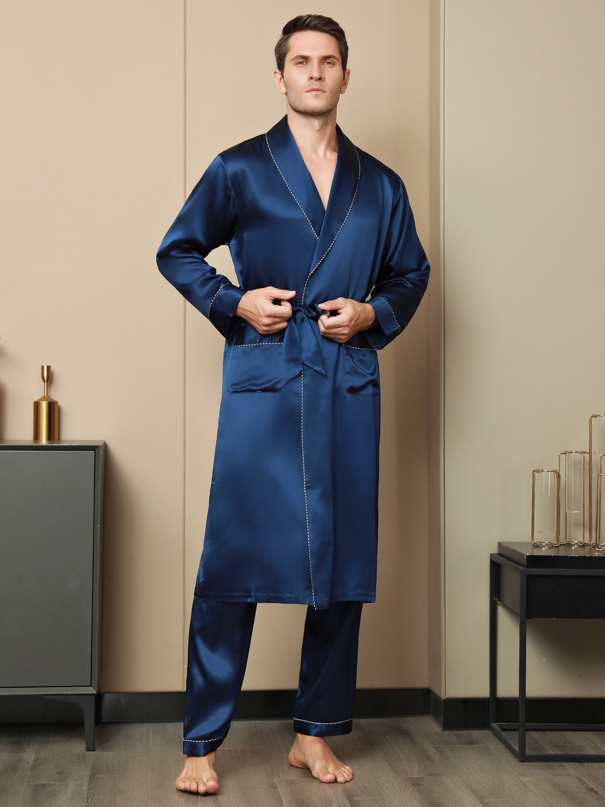 SilkSilky US Pure Silk Long Sleeve Lapel Men's Robe DarkBlue 005