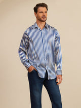 [Navy Stripe] SilkSilky 19Momme Stretch Silk Charmeuse Long Sleeve Lapel Collar Men's Shirt 004
