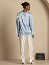 [Grayish Blue] SilkSilky  19Momme Stretch Silk Charmeuse Long Sleeve Boat Neck Blouse 002