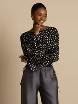 [Polka Dot] SilkSilky  19Momme Silk Long Sleeve Boat Neck Blouse 003