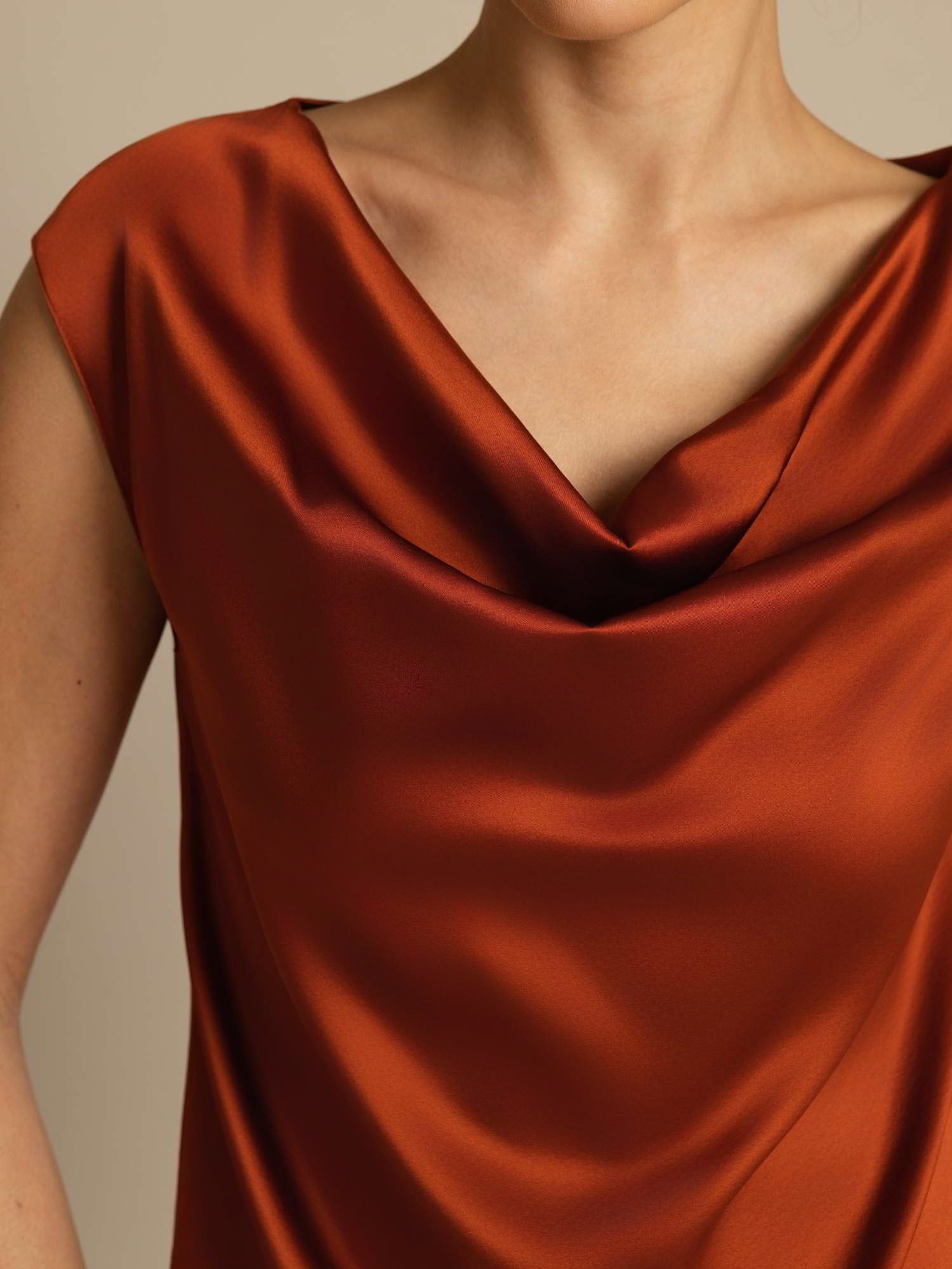 [Caramel] SilkSilky  19Momme Silk Cap Sleeve Cowl Neck Women's T-Shirt 003