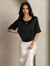 [Black] SilkSilky  Pure Silk Half Sleeve Scoop Neck Women's T-Shirt 003