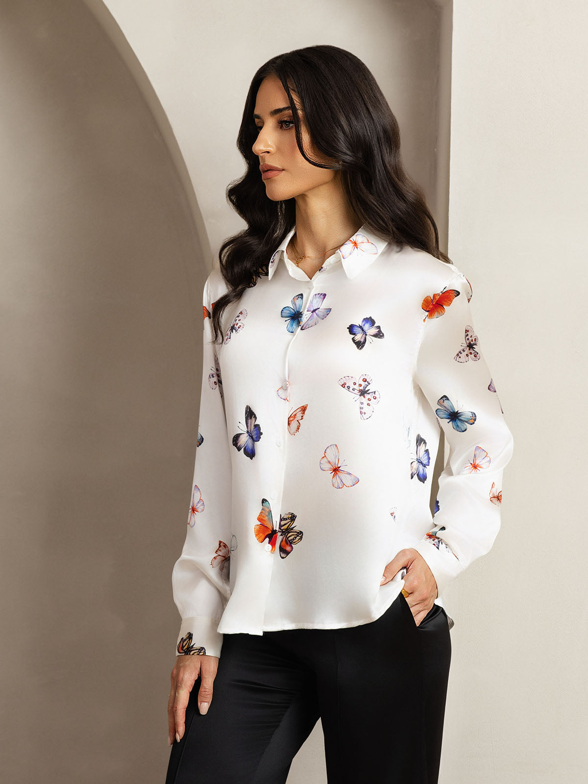 [White Butterfly] SilkSilky  Silk Lapel Collar Women's Shirt 005