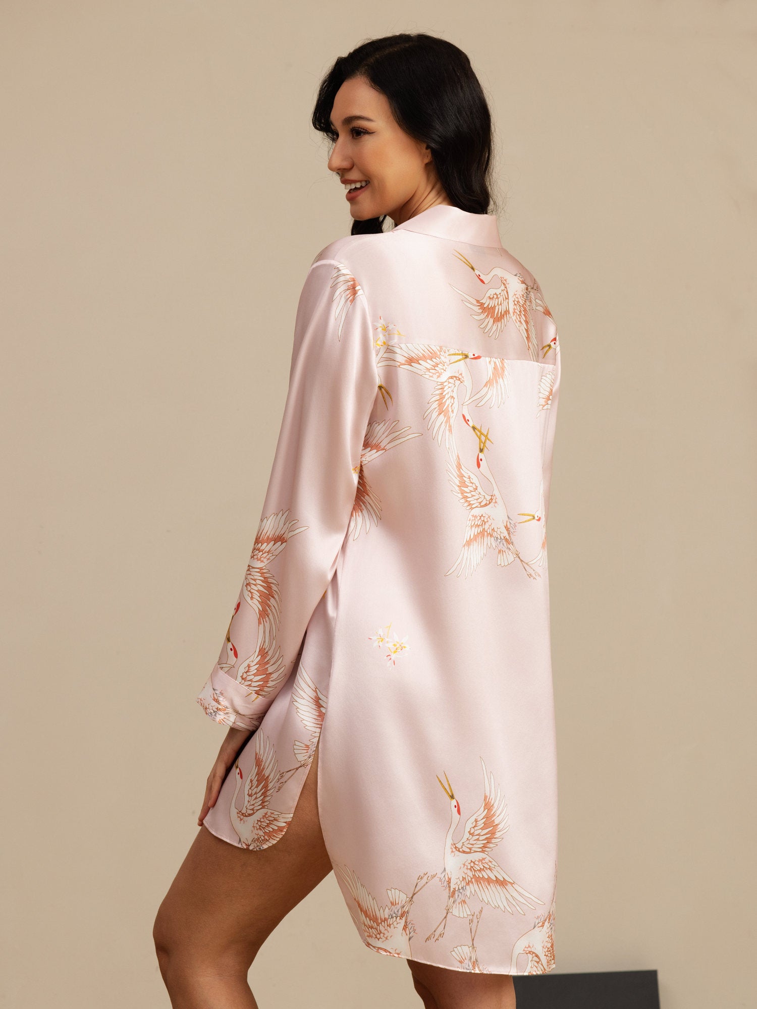 [Pink] SilkSilky  19Momme Long Sleeve Notch Collar Nightshirt 002