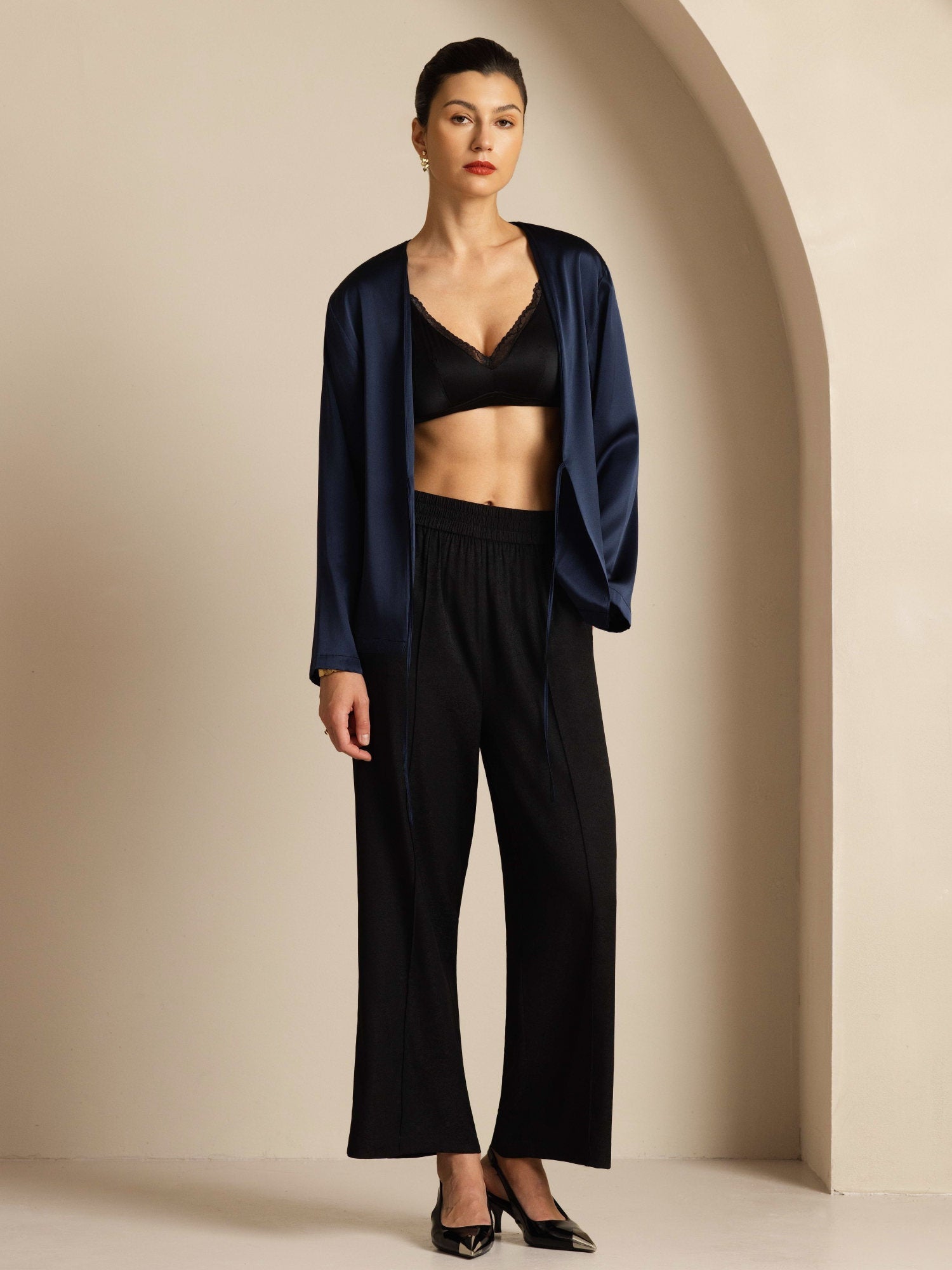 [Dark Blue] SilkSilky  19Momme Stretch Silk Charmeuse Long Sleeve Women's Outerwear 008
