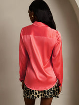 [Imperial Red] SilkSilky  19Momme Stretch Silk Charmeuse Long Sleeve Lapel Collar Women's Shirt 002