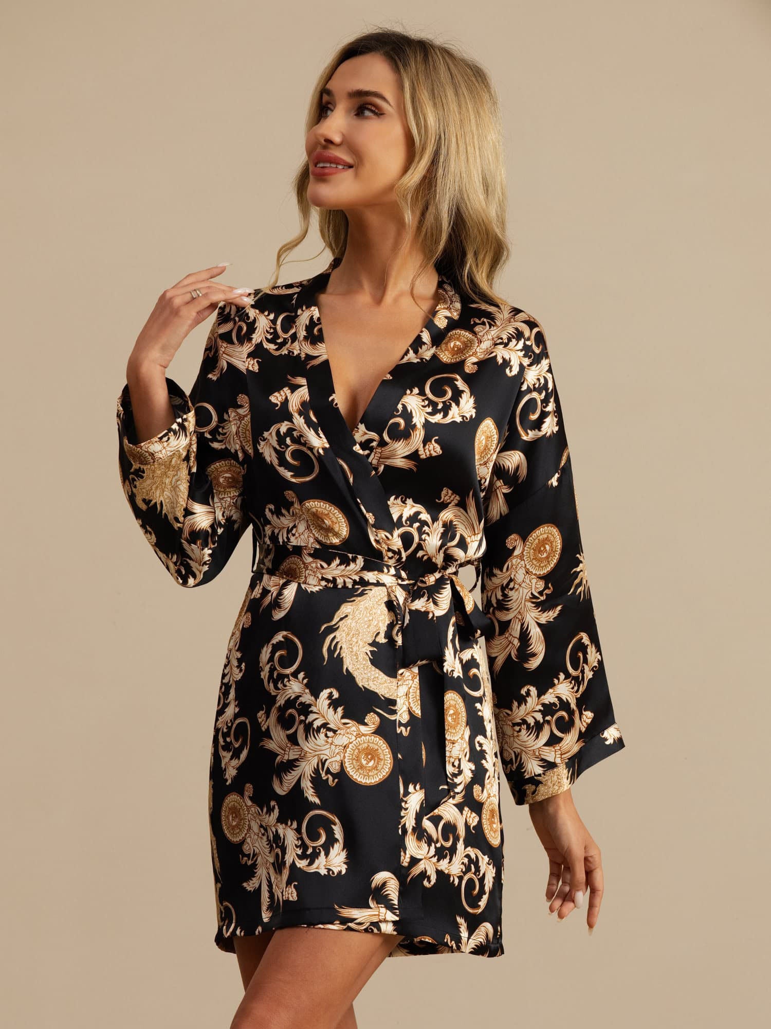 [Black Dragon] SilkSilky  3/4 Sleeve V Neck Women's Robe 001