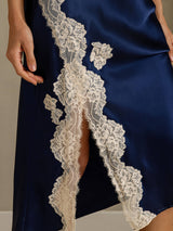 [Dark Blue] SilkSilky  Spaghetti Strap V Neck Nightgown 006