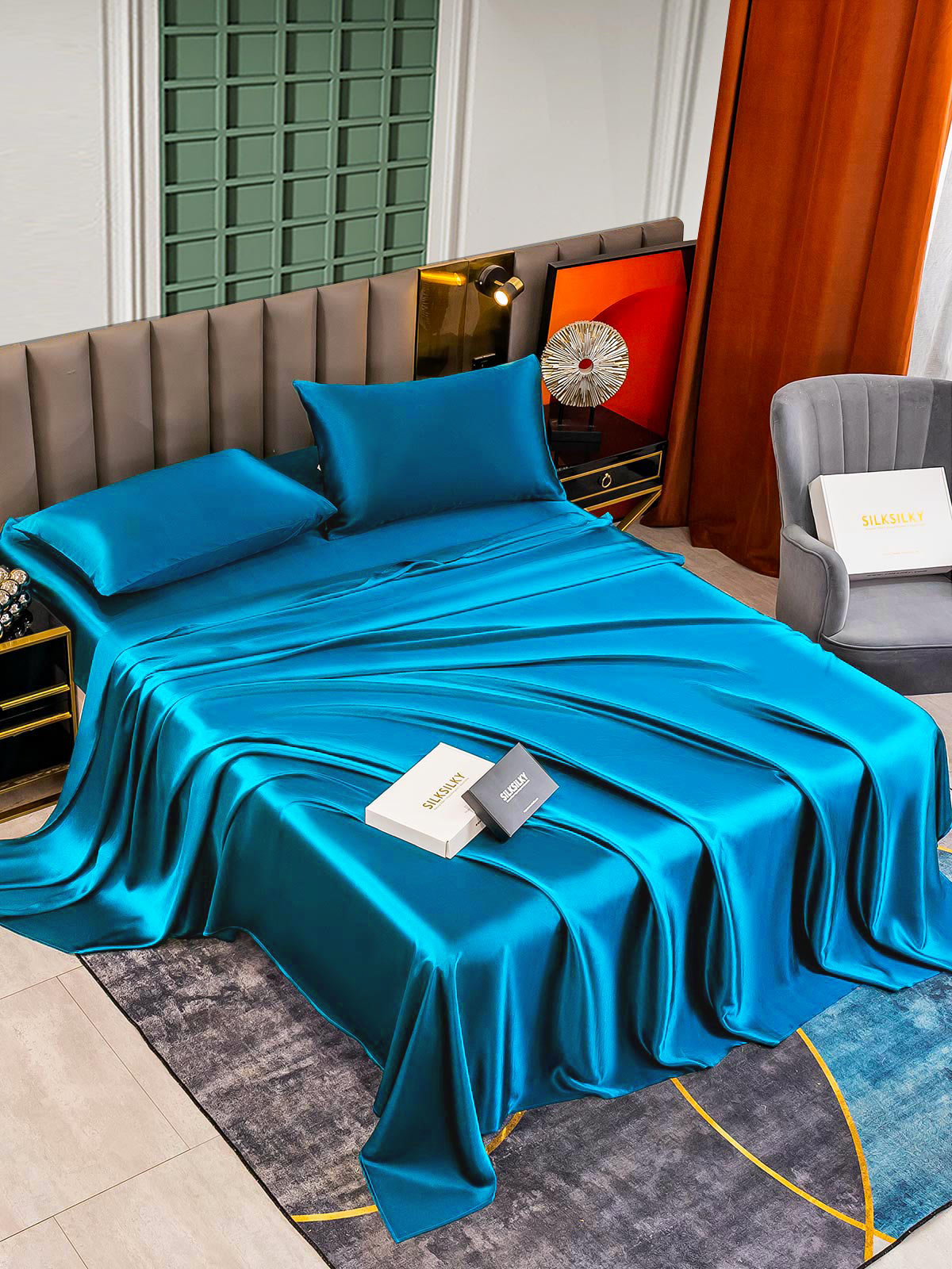 SilkSilky US 25Momme Pure Silk Bedding Set Teal 003