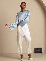 [Grayish Blue] SilkSilky  19Momme Stretch Silk Charmeuse Long Sleeve Boat Neck Blouse 009