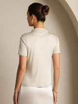 [Gray] SilkSilky  100% Silk Jersey Short Sleeve Mock Neck Women's T-Shirt 002