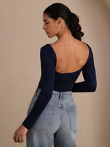 [Dark Blue] SilkSilky Long Sleeve U Neck Women's T-Shirt 002
