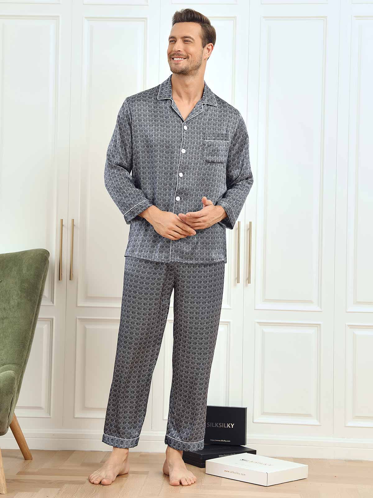 [Navy Ginkgo] SilkSilky  19Momme Pure Silk Mens Pajamas 003